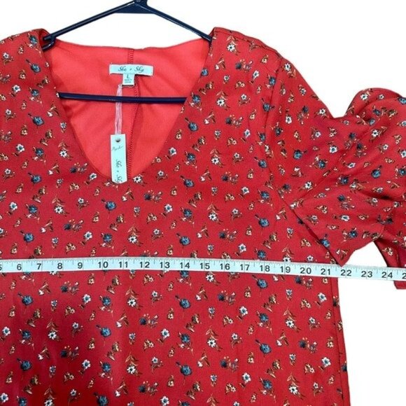 She + Sky Women SZ Large Maroon Floral Multi Mini Dress-Bell Sleeve-Pullover - Picture 5 of 13